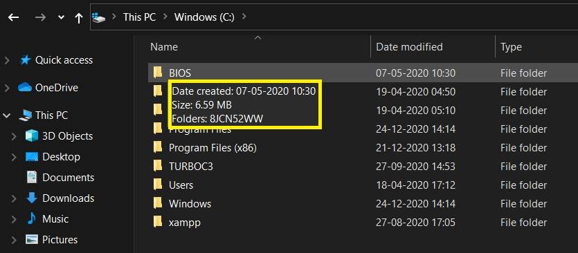 Folder size windows10