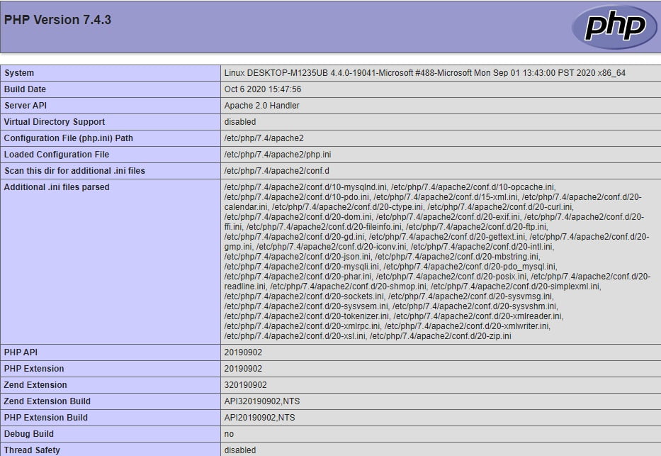 Install phpMyAdmin on Windows 10 WSL-Apache-default-page