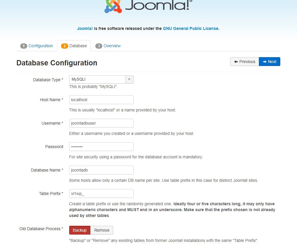 install Joomla on Windows 10 WSL-data-base-details-joomla