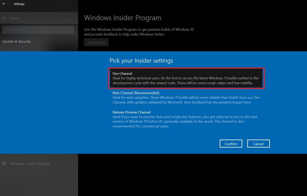 select-dev-channel-Install Windows 11 Insider Preview