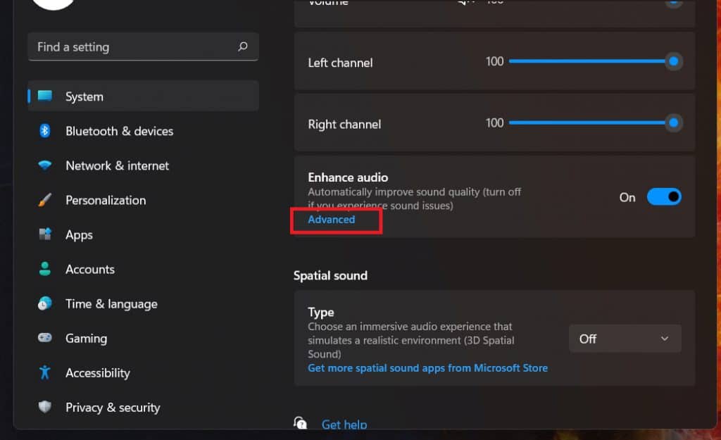 enable-enhance-audio-advanced-How to Turn On or Off Enhanced Audio in Windows 11