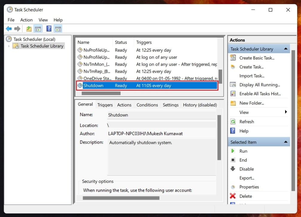 task-created-How to Schedule Automatic Shutdown in Windows 11